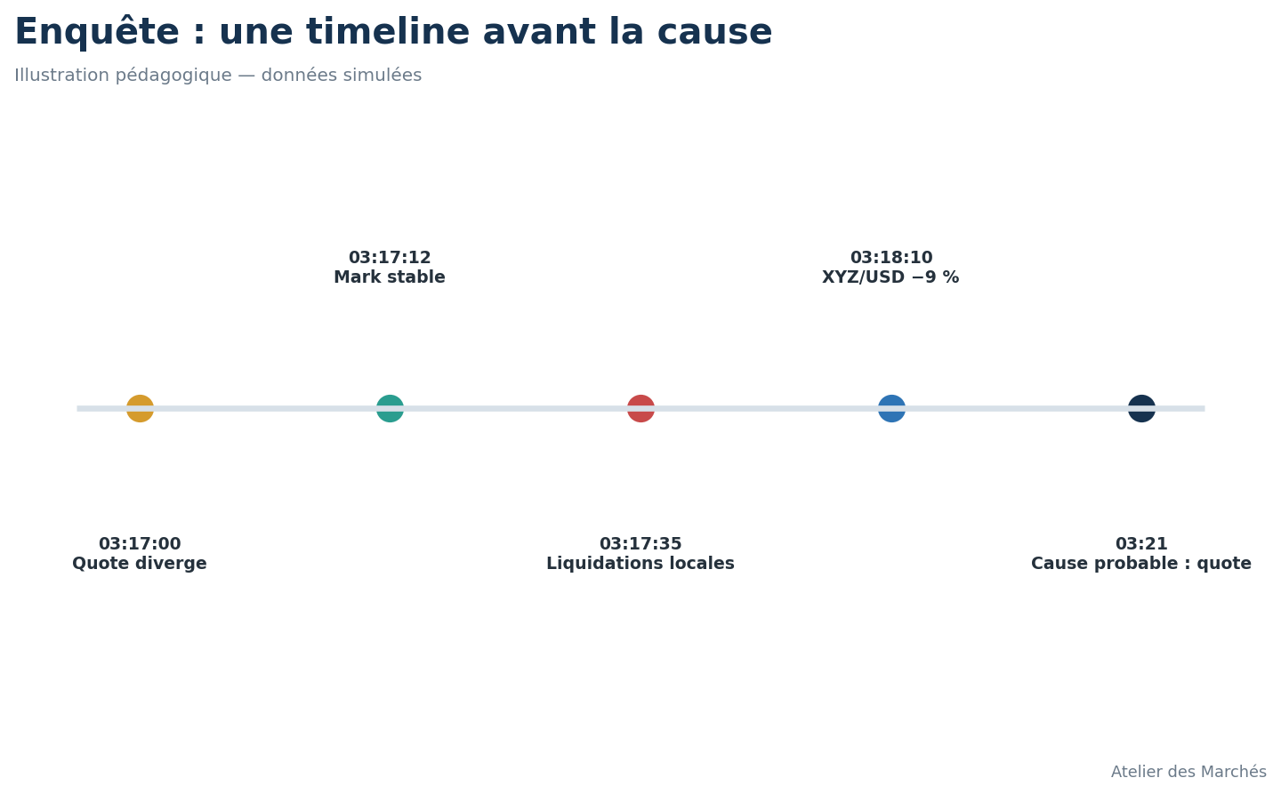 Chronologie simulée d’une anomalie avec sources, latences et hypothèses concurrentes.